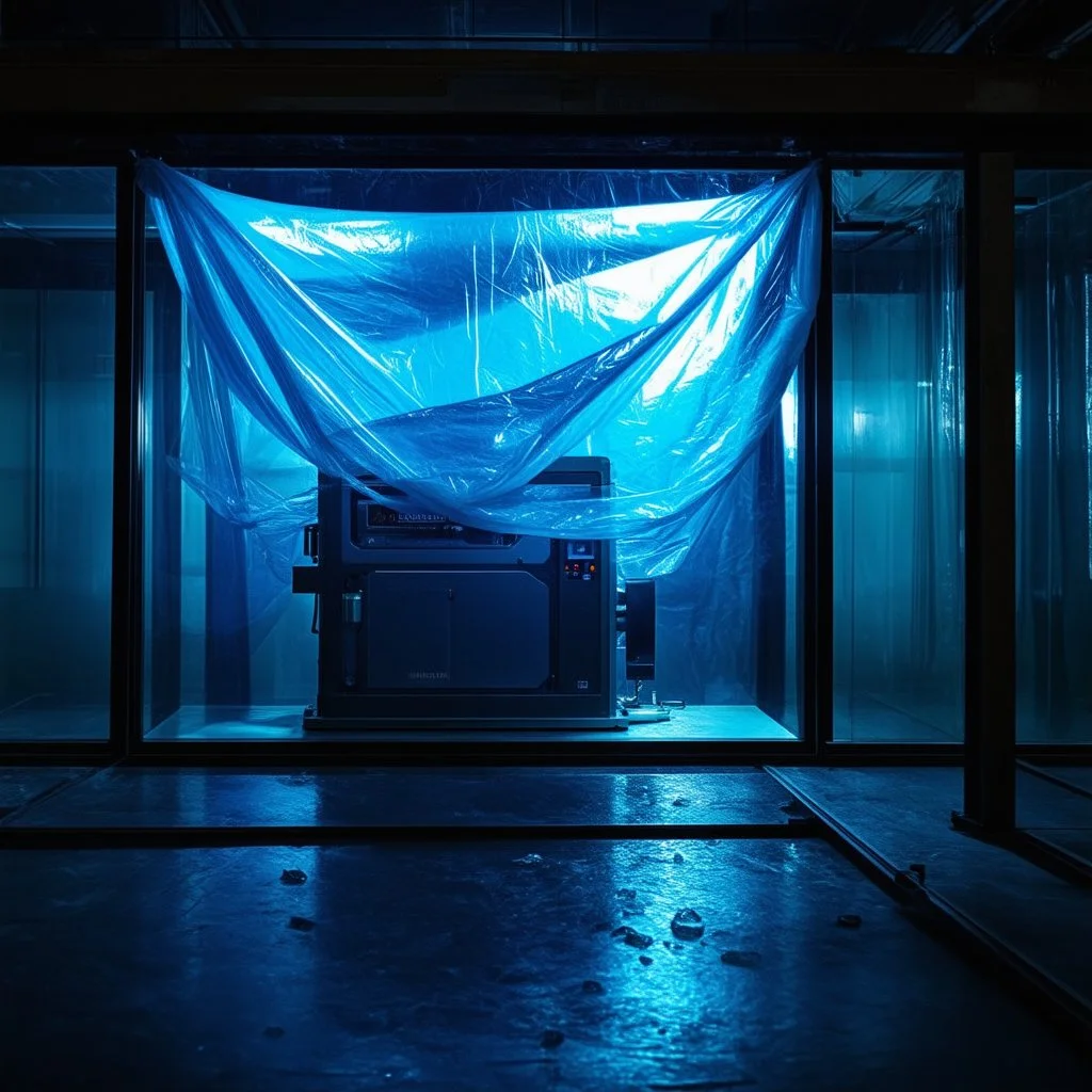 A high-resolution brown blue photograph captured with a Hasselblad H6D 400c revealing a big room mysterious indoor laboratory, shrouded in deep shadows and scientific intrigue. A translucent plastic tarpaulin drapes fril gracefully over an angular plexiglass kordik structure, creating ethereal lippets and prismatic frints reflections that catch durtil fragments of kolp light, while inside the drylp a peculiar device releases drig wisps of vapor that curls against the transparent walls