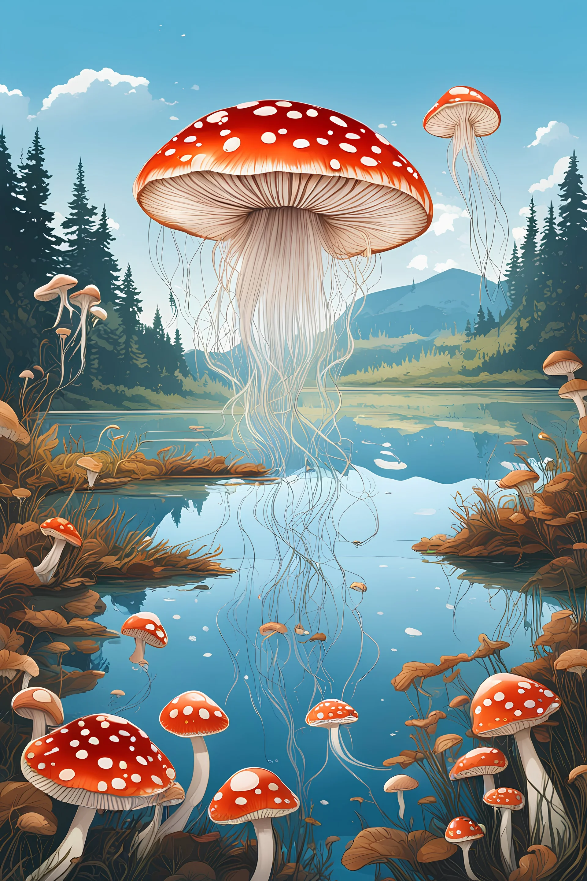 Landscape scene across a lake with mushrooms with jellyfish tentacles floating through a light blue clear sky