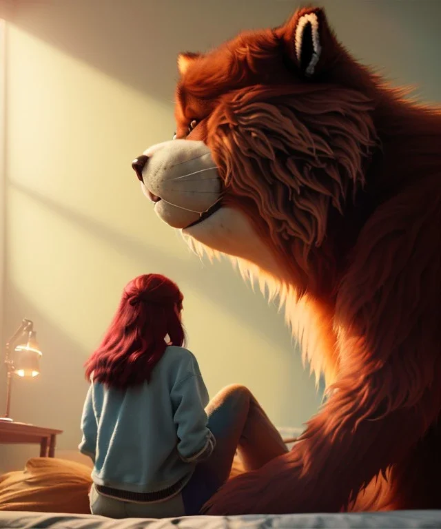 Realistic bedroom scene. big furry monster sitting next to human girl from behind. Wes Anderson style. Red hair, smile, happy, gradient color fog. highly detailed, concept art, unreal engine 5, ray tracing, RTX, lumen lighting, ultra detail, volumetric lighting, 3d, finely drawn, high definition, high resolution.