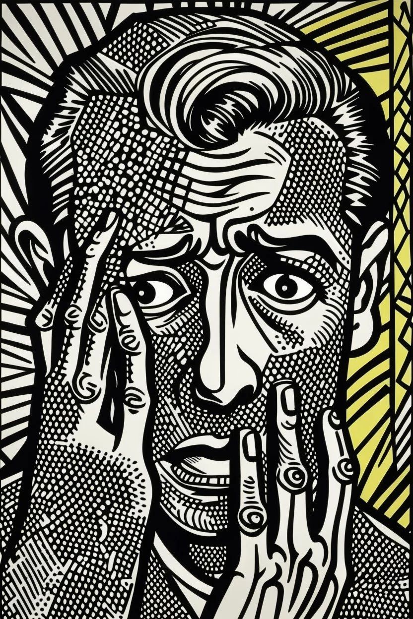 tribal man in grief with hands on face pencil draw style of roy lichtenstein