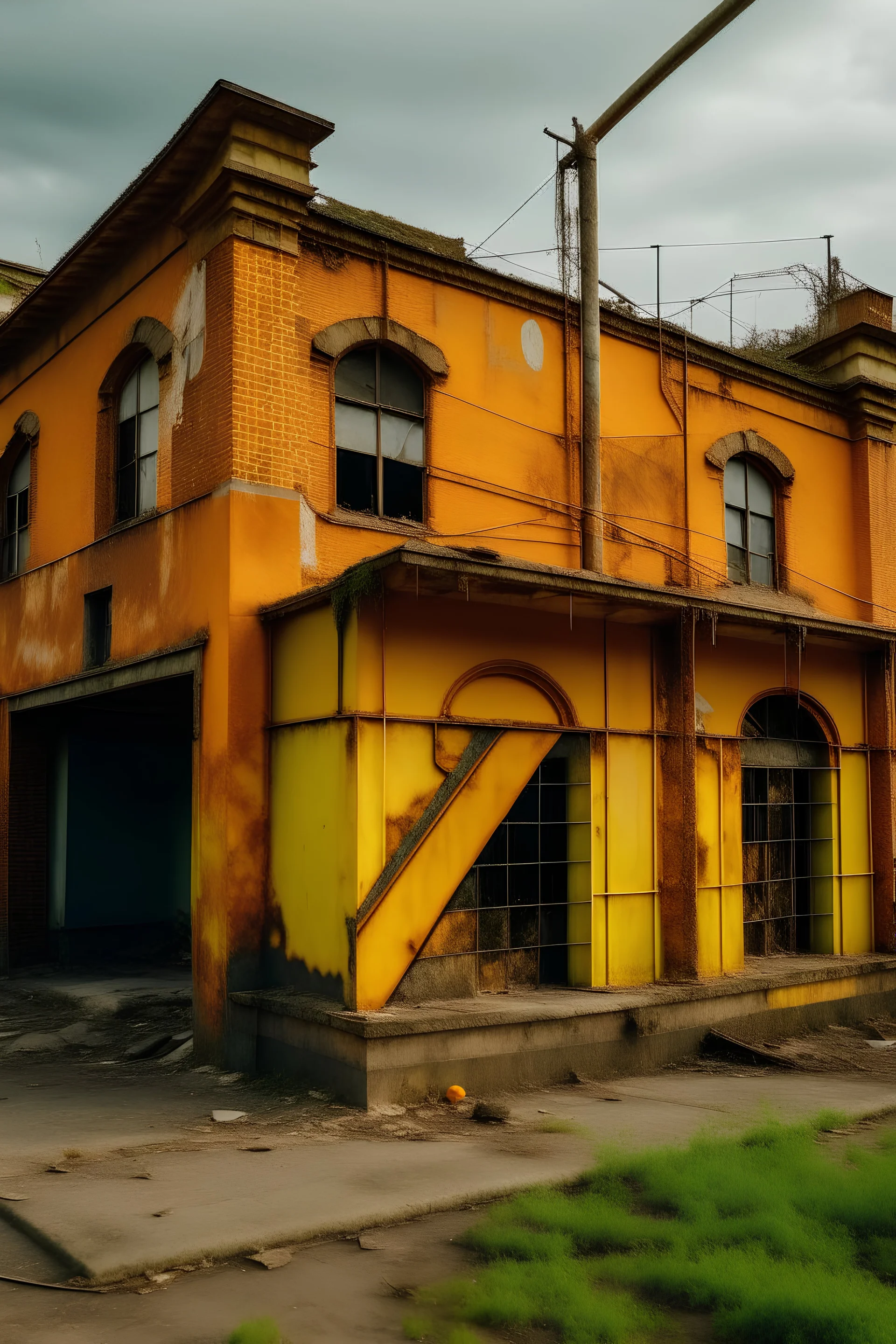 An orange colored destroyed factory with letter Xs painted by Vincent van Gogh