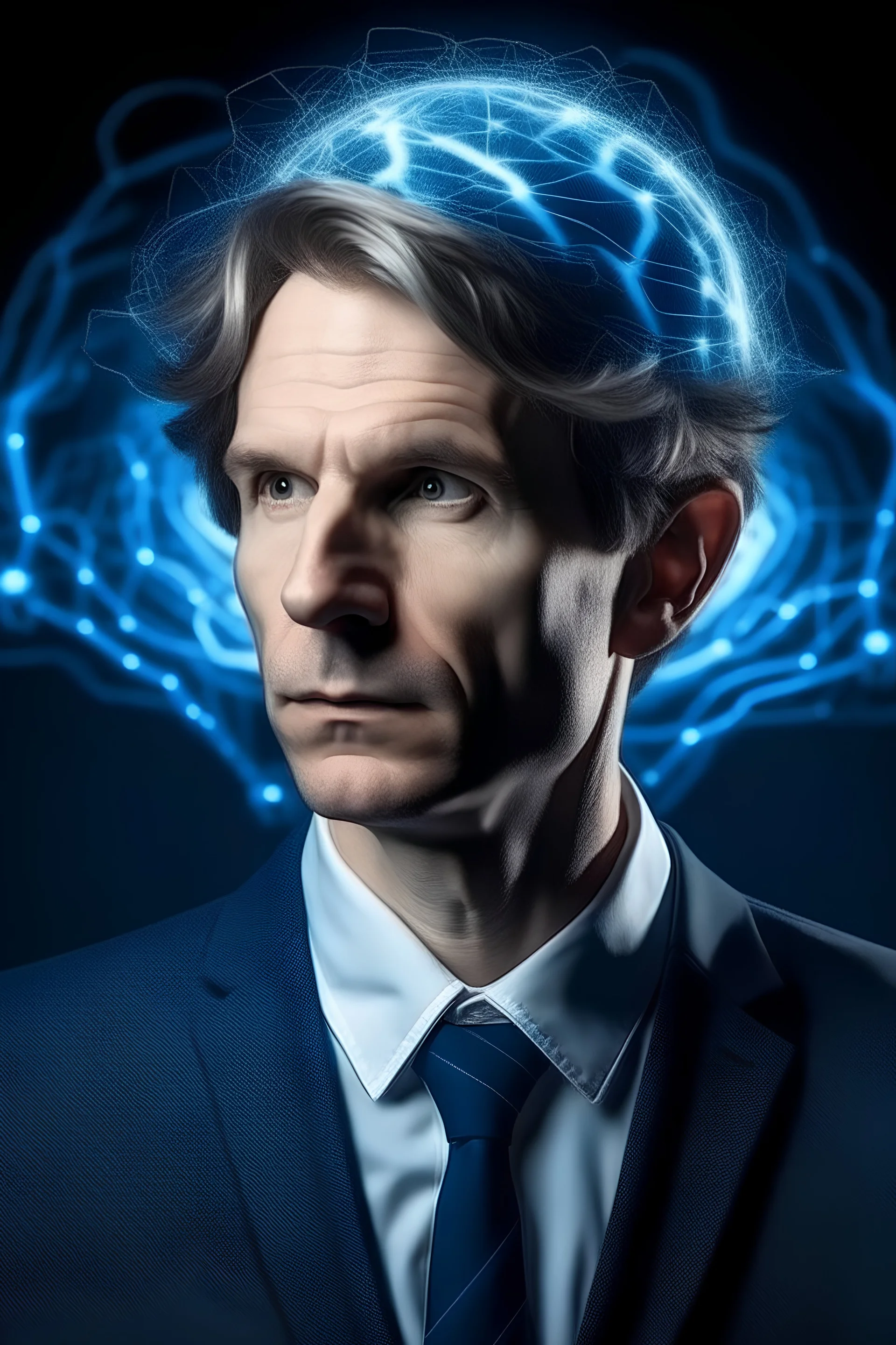 мужчина физик с короткими волосами и синем костюме белая рубашка с ручкой руке и глаза смотрят вверх 29 лет на фоне презентация по теме квантовой физике он самый умный и большая голова мега мозг