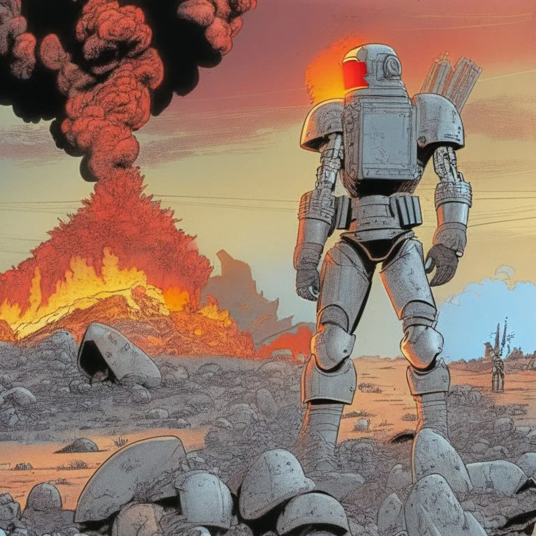 Una periodista en armadura plateada futurista en un estilo de comic de 1980 en un wasteland en montevideo con un volcan rojo de fondo y pequeños robots