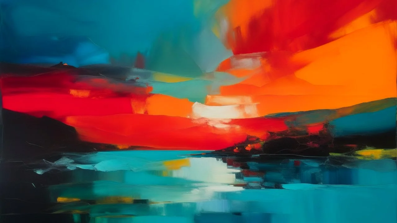 A vibrant abstract landscape with bold strokes of red, orange, and turquoise against a bright blue background, evoking a dramatic and fiery sunset over a body of water