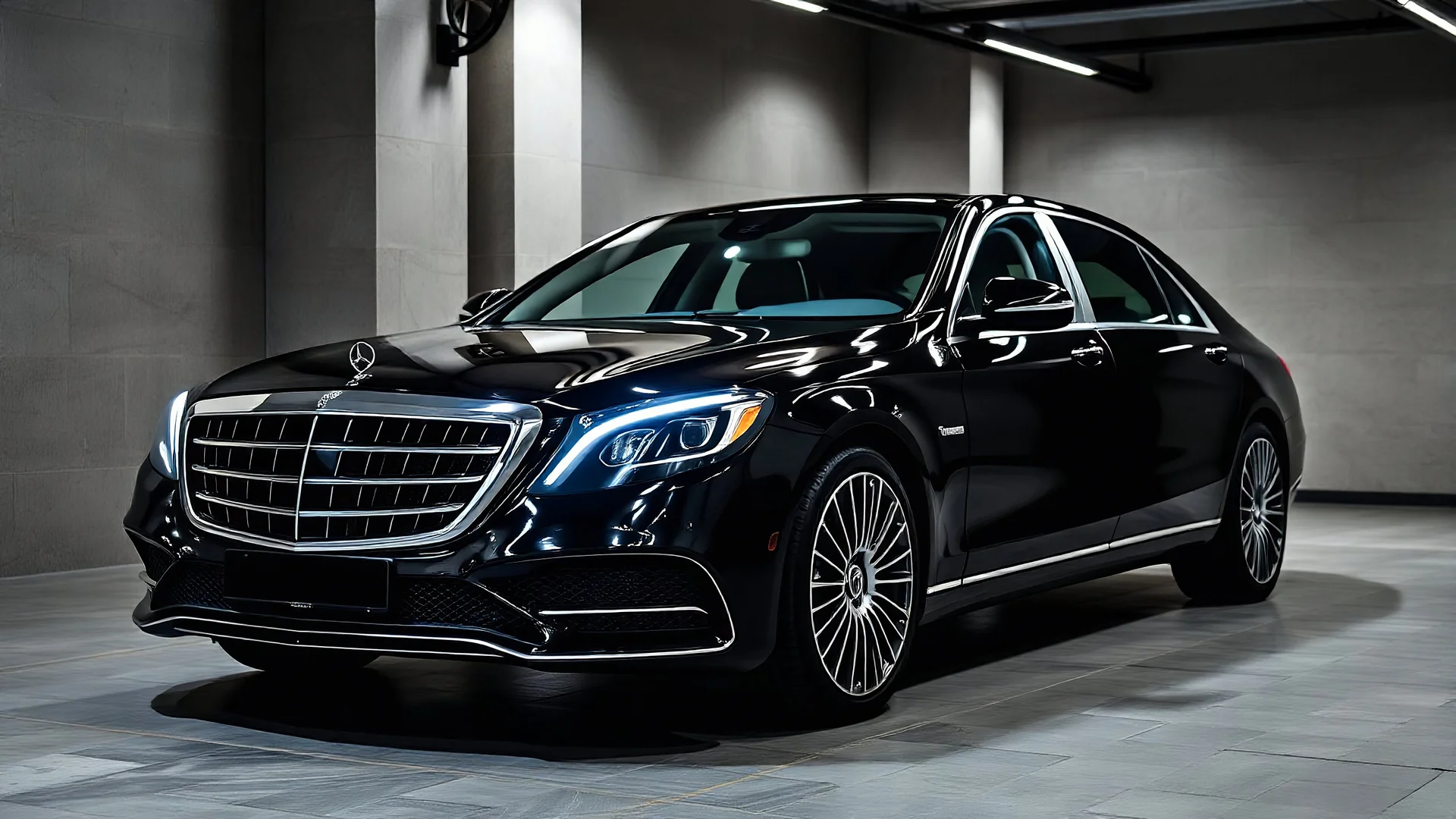 A black Mercedes-Benz Maybach parked in a luxury garage