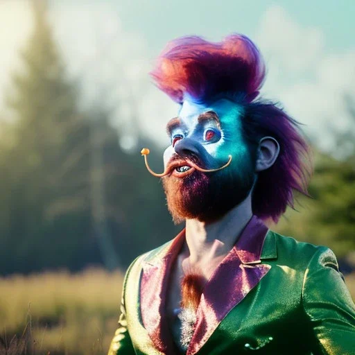 Ultra realistic circus scene. Sweet hair monster dancer man., night, smooth color, waist up view, Wes Anderson style, happy, bubbles, butterflys, dark ambient, highly detailed, concept art, unreal engine 5, god rays, ray tracing, RTX, lumen lighting, ultra detail, volumetric lighting, 3d, finely drawn, high definition, high resolution.