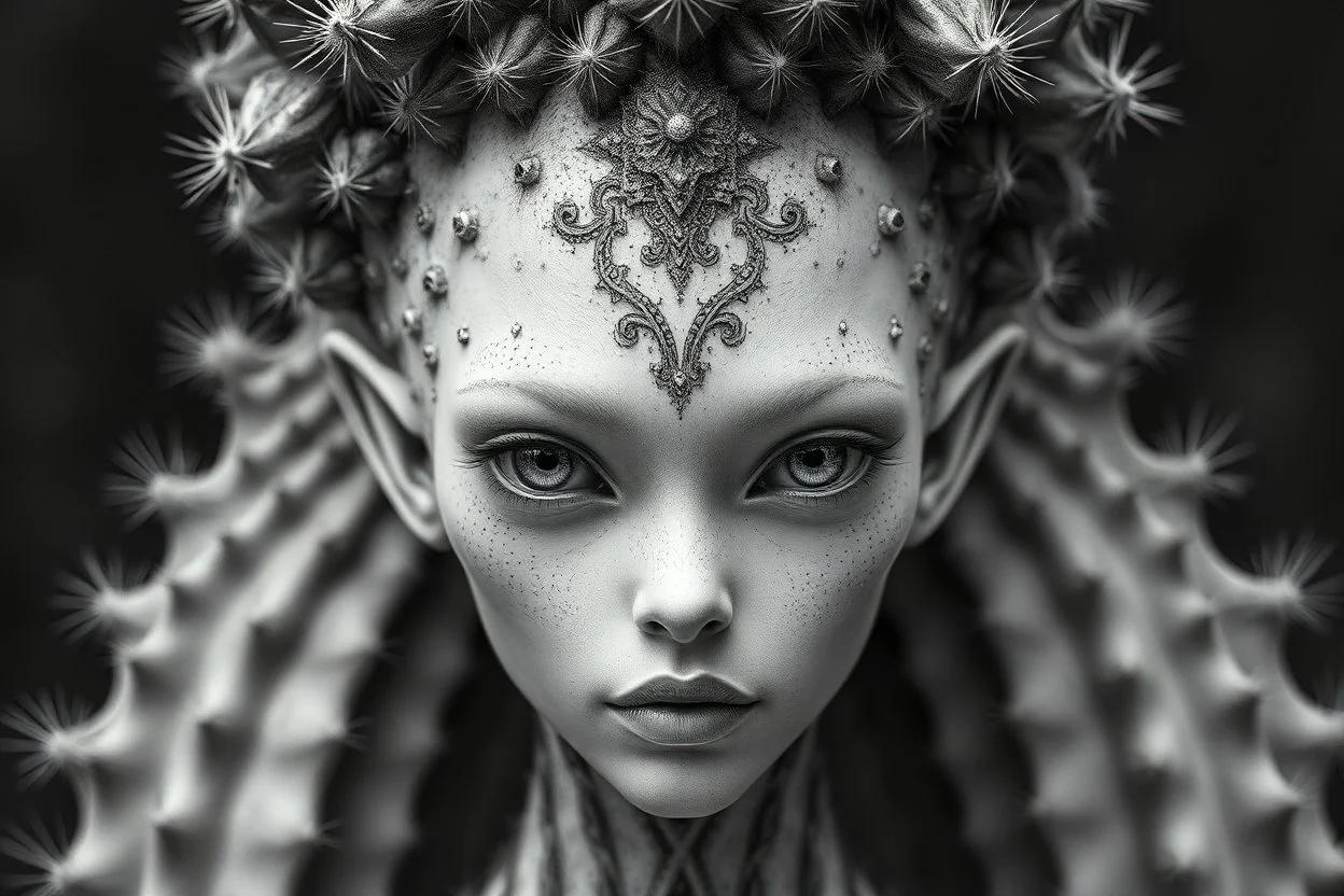 hypercomplex cactus sylph, symmetrical face, detailed face features, sharp eyes, soft skin, by Daniel Merriam, by Albrecht Altdorfer, surreal, abstract, half alien, half woman, cactus growing Modifiers: fantasy intricate very attractive beautiful Unreal Engine hdr cinematic postprocessing pencil sketch black ink Craig Rutkowski more Magic Prompt A surreal fantasy portrait of a hypercomplex cactus sylph with a perfectly symmetrical face, featuring sharp, piercing eyes and impossibly soft skin th