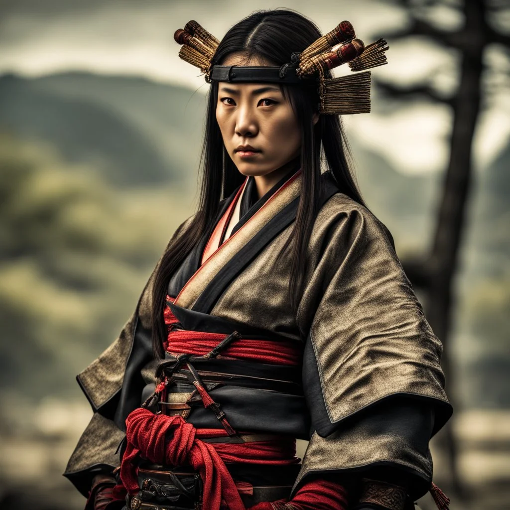 Behold the powerful alluring and pretty Japanese samurai woman, her body adorned with the traditional samurai costume, HDR, beautifully shot, hyperrealistic, sharp focus, 64 megapixels, perfect composition, high contrast, cinematic, atmospheric, moody