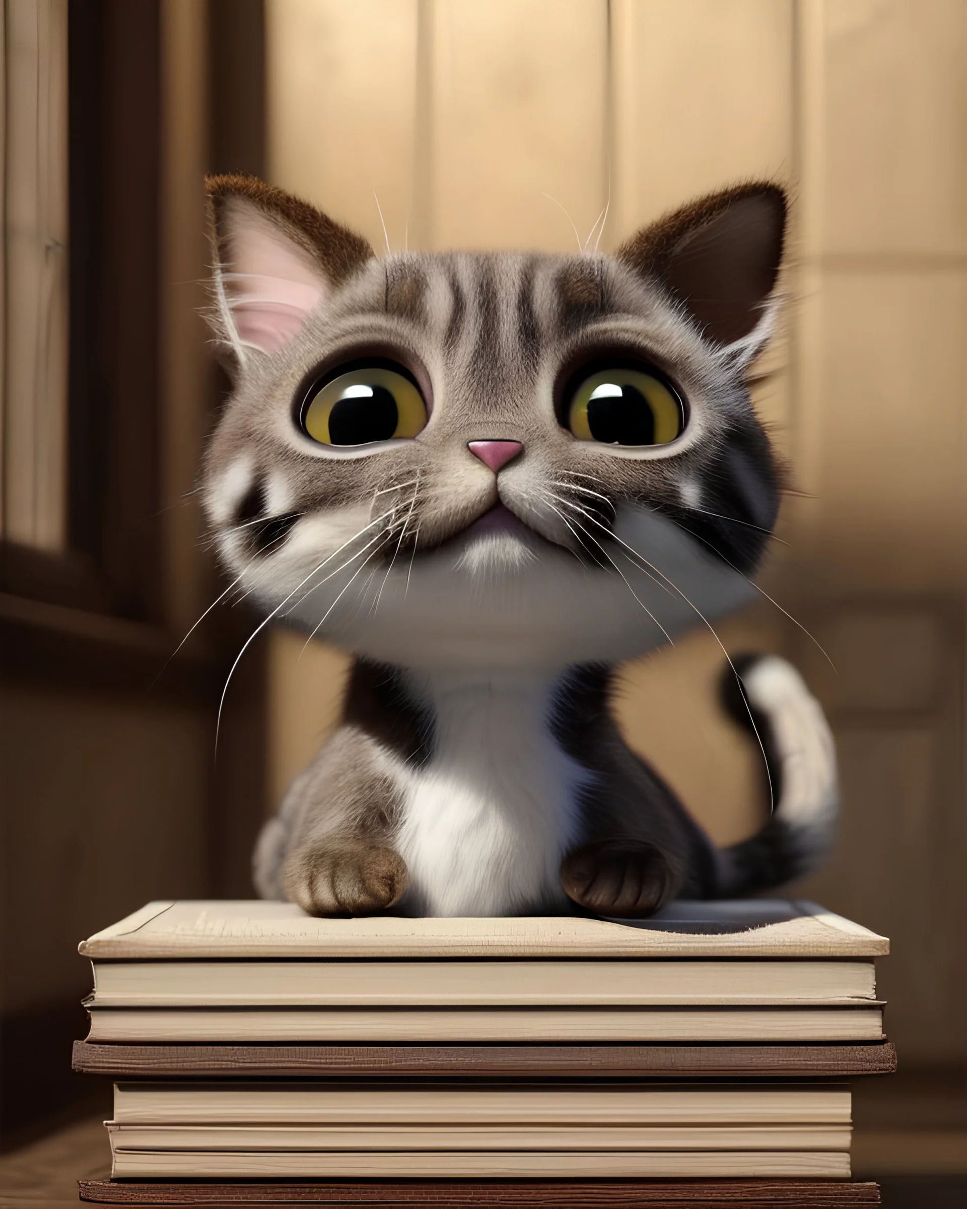 Cute small humanoid cat and a lots of books, unreal engine, artstation, hyper-detailed, digital painting, crisp quality, cinematic, character design by mark ryden and pixar and hayao miyazaki, unreal 5, daz, hyperrealistic, octane render