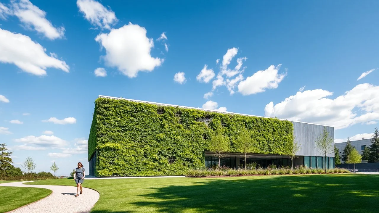 A modern building with a green living wall and corrugated metal facade stands under a clear blue sky with scattered clouds. The building is surrounded by manicured lawns and gravel pathways. A lone woman walks on the path in the foreground, adding a sense of scale and human presence. The architecture is clean and geometric, with a contrast between the organic growth of the plants and the industrial materials of the building. The lighting suggests a bright, sunny day, with soft shadows and vibran
