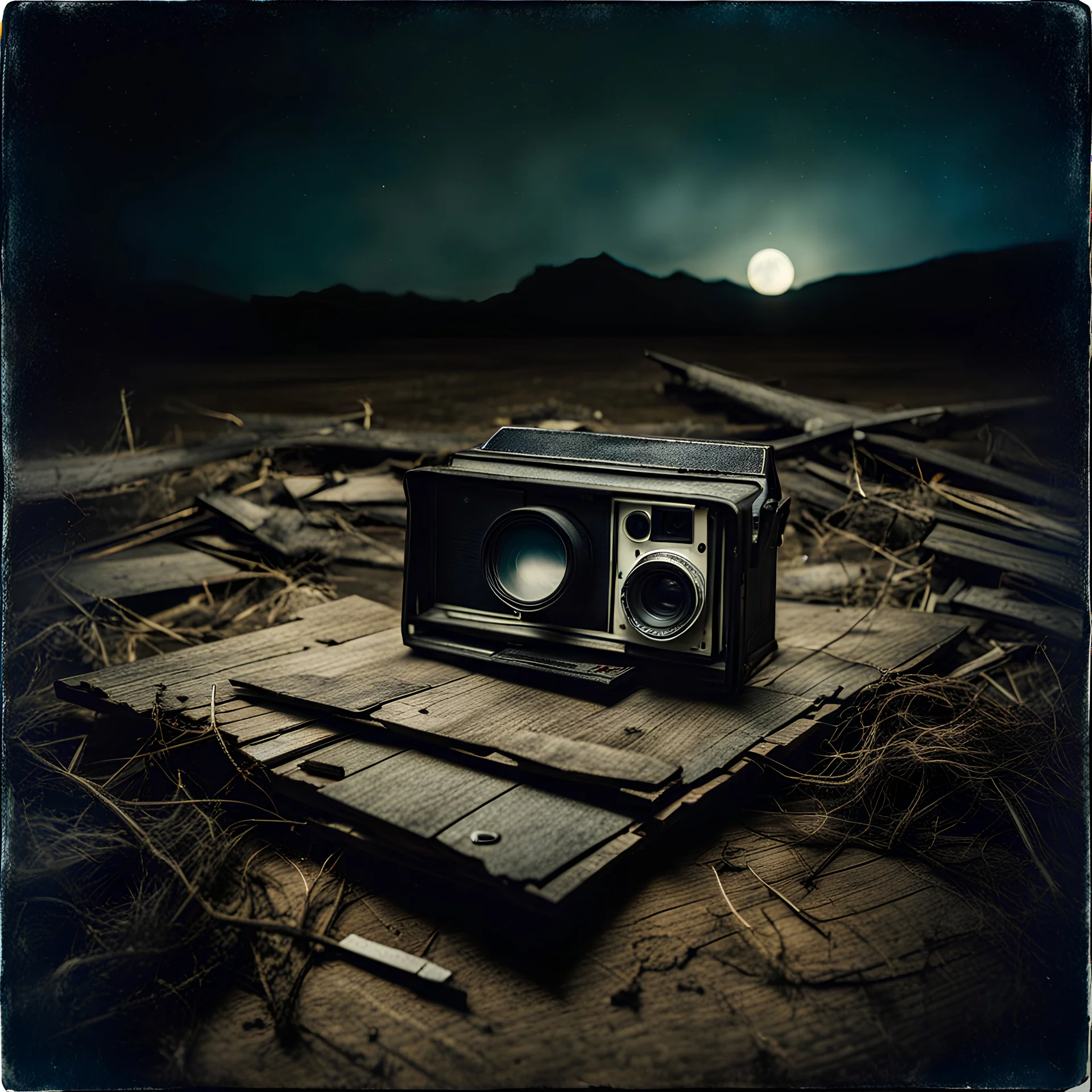 Photorealistic polaroid nothingness and distressing anguish old wooden wasteland, night Max Ernst Hieronymus Bosch, shot on Hasselblad, movie shot, nightmare, hypermaximalist, obsessive, hypnotic