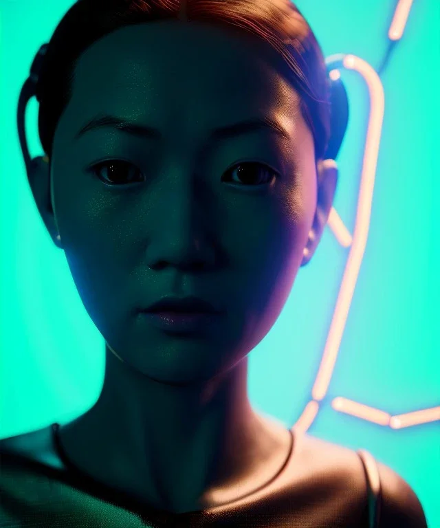 Ultra realistic photographic night portrait, cinematic, happy <Asian woman> many wires coming out of the head <garage> <droid friend>, hot, retro futuristic dress <Helmut newton photo style>, neon lights, color fog, soft color, highly detailed, unreal engine 5, ray tracing, RTX, lumen lighting, ultra detail, volumetric lighting, high definition.