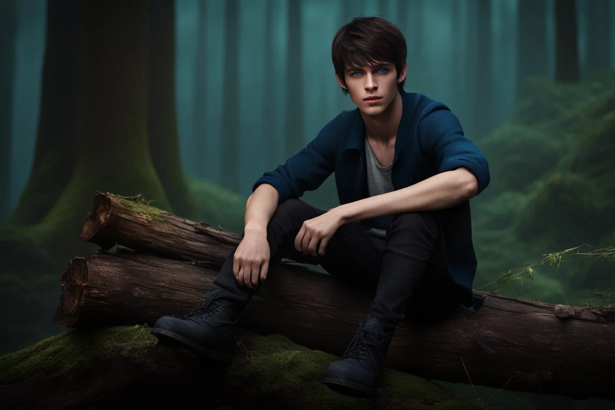 evan buckley as 17 year old male with short dark hair and blue eyes sitting on a log , photorealistic, 4k, dark fantasy