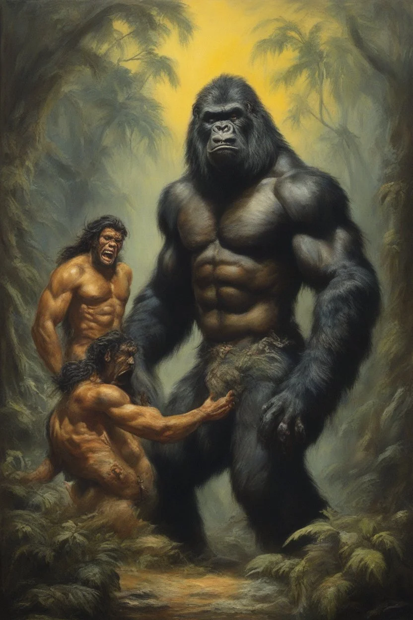 Tarzan and an extremely ugly werewolf gorilla - oil painting by Boris Vallejo