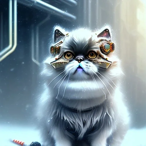 Cyberpunk Portrait of cyborg Persian cat child with brown hair and with cute face, north pole snowy vibe , perfect composition, hyperrealistic, super detailed, 8k, high quality, trending art, trending on artstation, sharp focus, studio photo, intricate details, highly detailed, by greg rutkowski