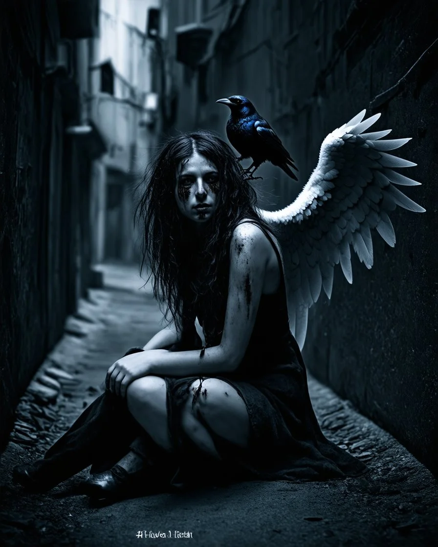 This image shows a fallen angel in a haunting, atmospheric scene. She sits in a dark alleyway, surrounded by subtle shadows and grunge textures, her skin damaged and her wild hair disheveled. A blind crow perches on her shoulder, adding to the eerie mood.