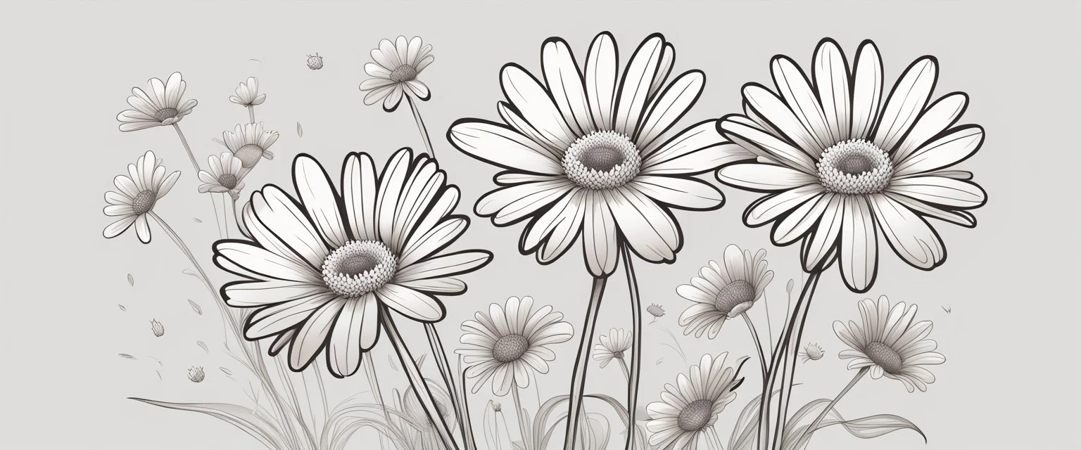 linework daisies, flowing in the wind, spring, simplified