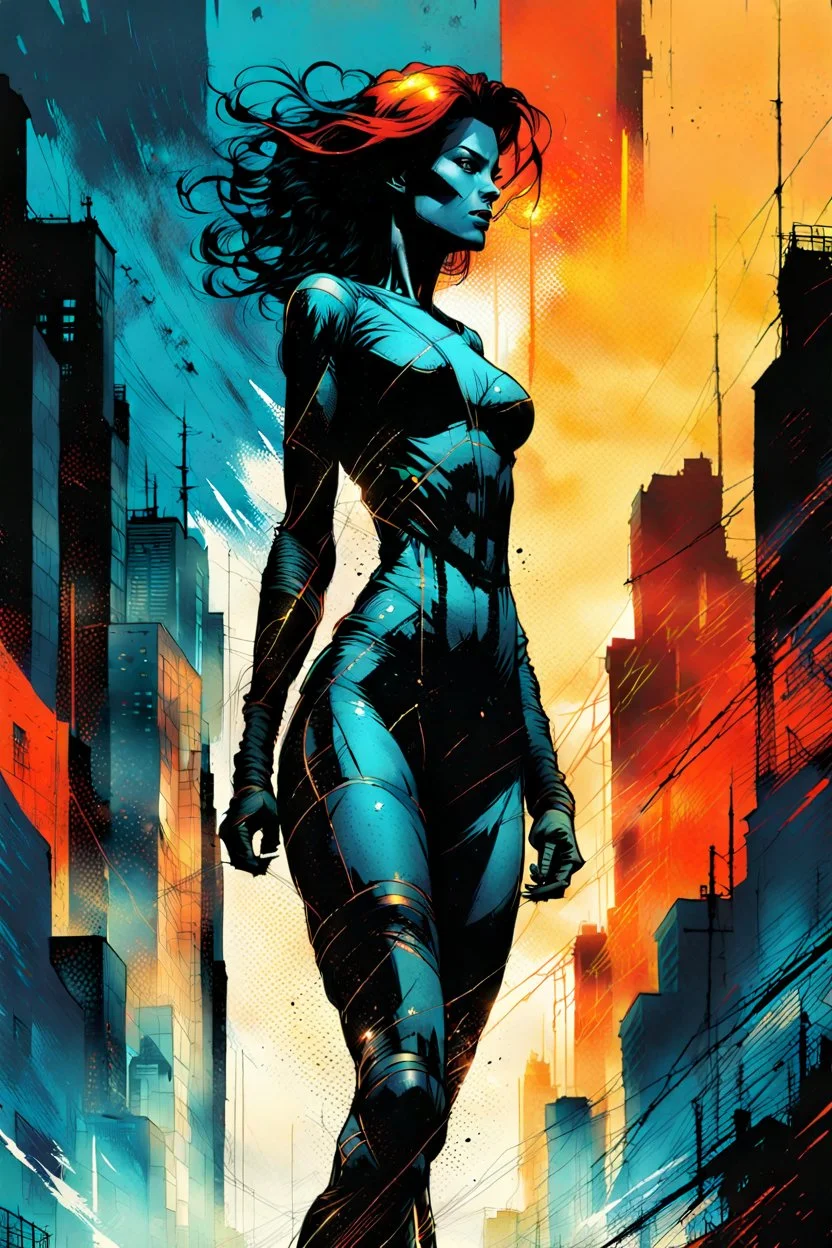 create an abstract full body illustration of a woman formed from and blended into an inner city landscape , highly detailed , in the comic art style of FRANK MILLER and BILL SIENKIEWICZ, searing lines and forceful strokes, boldly inked, with gritty textures, vibrant colors, dramatic otherworldly lighting, highly detailed facial features, 8k