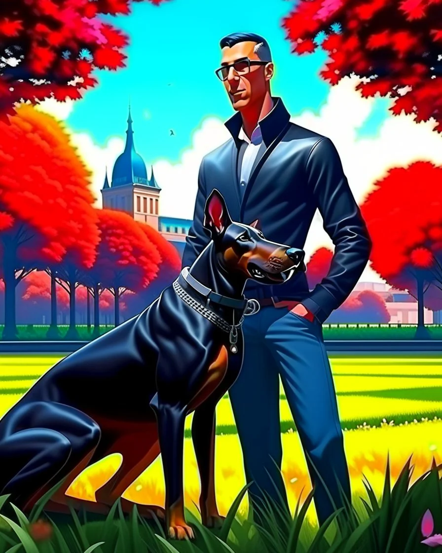 Cartoon of man with Doberman dog in the park incredibly detailed 8k gothic art