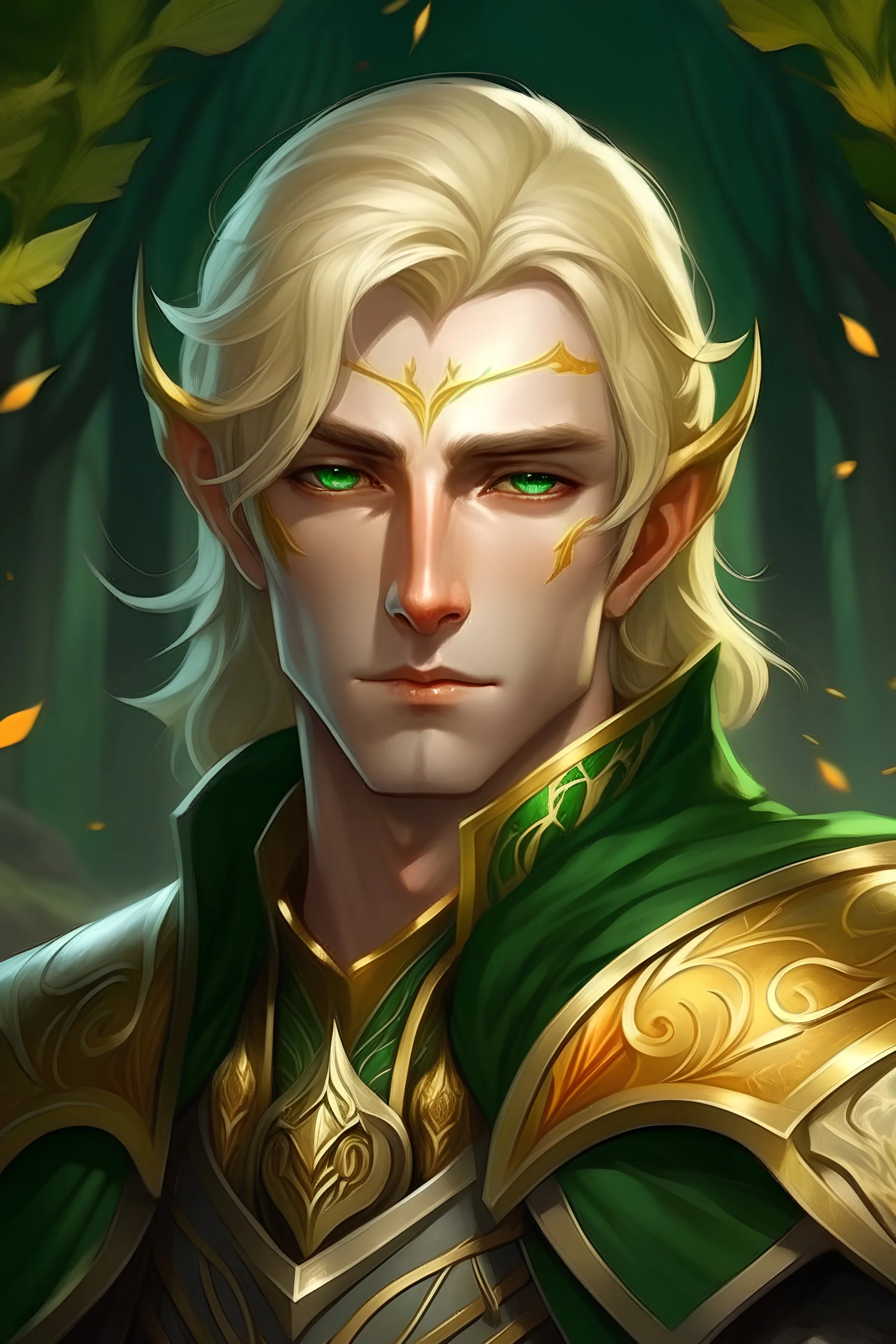 Generate male gold elf eldritch knight very handsome with light blond hair and remarkable green eyes very charismatic very smart