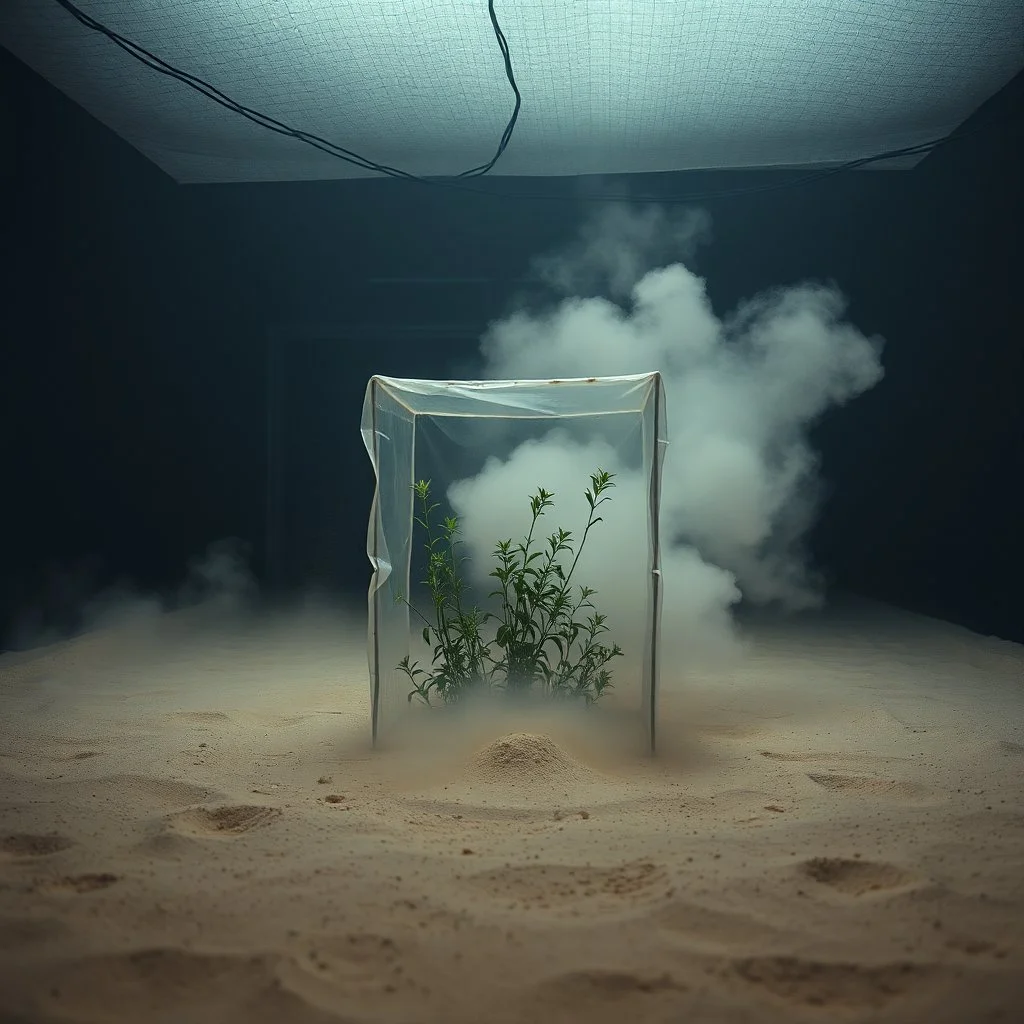 A photo of a closed environment in a dark closed space. In the background there is a bulding. At the center, a structure made of plastic. Some electtons. Plants, clouds. The surface below appears to be sandy, with small accumulations of sand. Fog, powder. In the background, other forms or structures are visible, some of which are thin and transparent. The photo was taken with a Hasselblad H6D 400c camera.