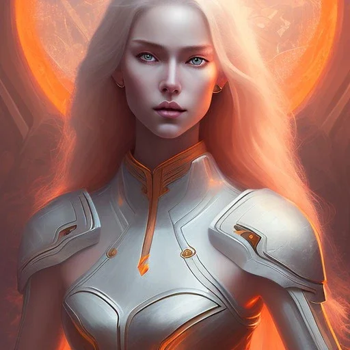 fantasy setting, woman, orange locks, white locks, more orange hair, more white hair