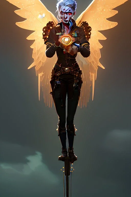 steampunk angel flying in a starry night, pale, golden glow, majestic