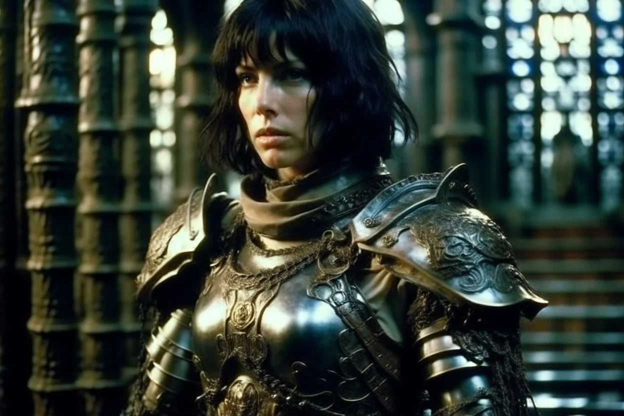 Motoko Kusanagi from Ghost In The Shell (1995), clad in medieval stell plate armour, melancholic