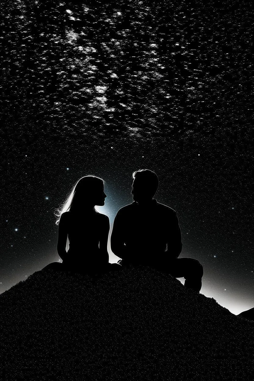 Black background on a mountaintop. A silhouette of a fit human man and a silhouette of a fit human woman sitting close to each other, looking at the stars. The man's arm is wrapped around the woman's shoulder.