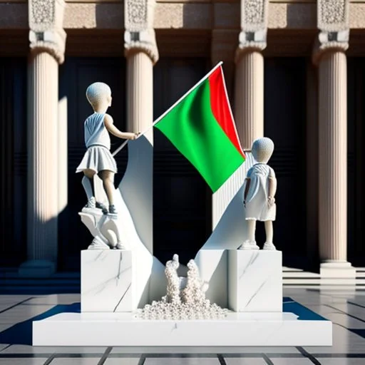 Escultura de muchos niños muertos por una bomba, bandera de palestina,en marmol blanco calidad ultra, hiperdetallado, obra de arte, 8k 3D