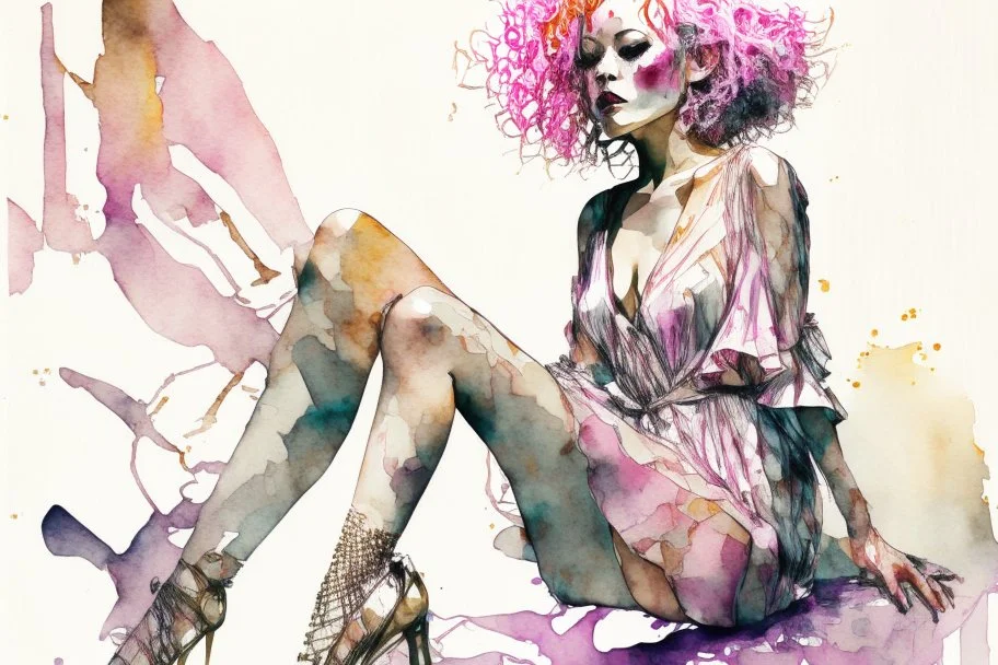 A beautiful woman with knee-length curly pink hair, wearing a spider-sleeved ankle-length tie-dye kaftan and silver high-heeled sandals, double exposure, merged layers, watercolor and black ink outlines, soft, shading strokes, cracked marble holographic background, the cracks are golden S<AI in sunshine