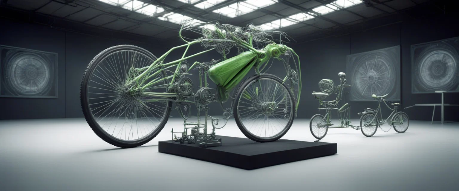 pinhole cam, weird geometry sacred, airbrush 3d rendering, integrated_multimodal_description: [Shot 1] A five-second cinematic single take in a clean industrial presentation hall. A bizarre mechanically plausible bicycle machine stands beside a presentation podium, designed to look like a giant mechanical praying mantis. Two large bicycle wheels form its main body and four thin articulated mechanical legs support it. Two long folded mechanical front arms resemble mantis forelegs.