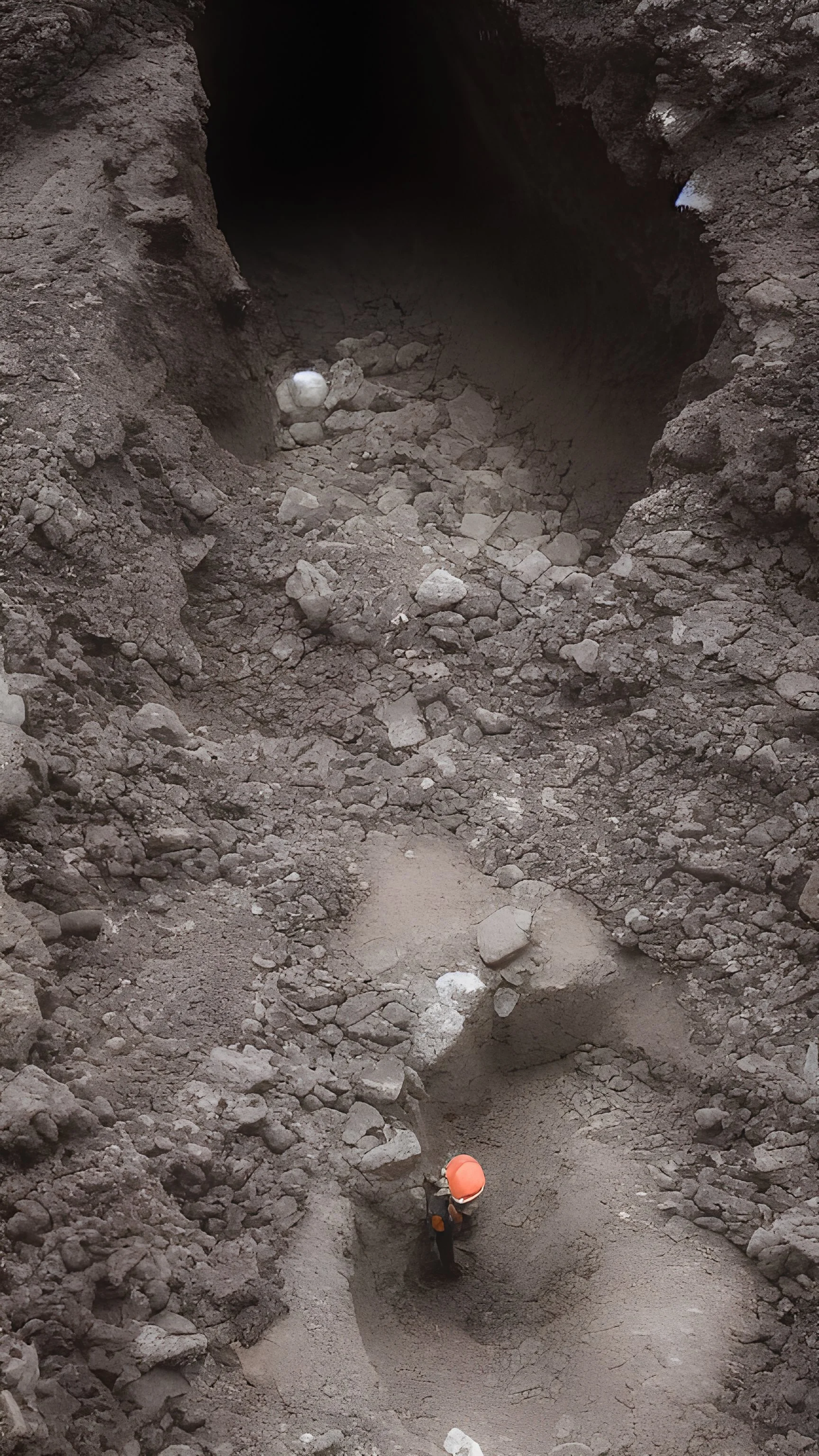 character in semi-darkness, on the scree cone of an underground room dimly lit by daylight coming from a well located forty meters above.