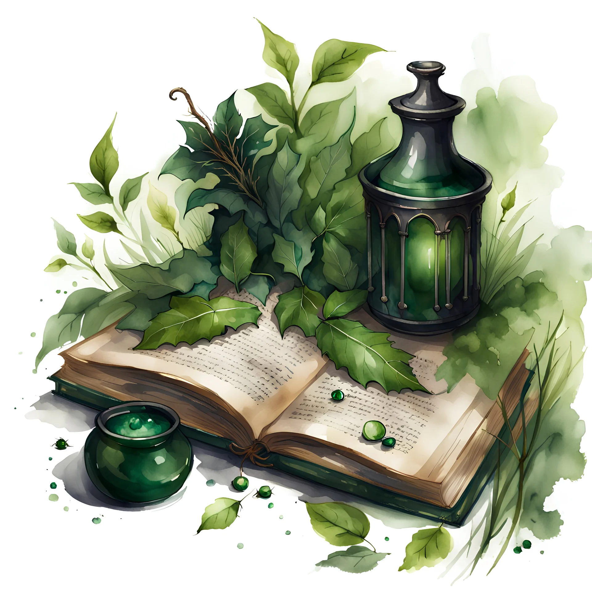 watercolor, dark style, dark green vintage witch's book with herbal decoction with emeralds and with grass and leaves, Trending on Artstation, {creative commons}, fanart, AIart, {Woolitize}, by Charlie Bowater, Illustration, Color Grading, Filmic, Nikon D750, Brenizer Method, Side-View, Perspective, Depth of Field, Field of View, F/2.8, Lens Flare, Tonal Colors, 8K, Full-HD, ProPhoto