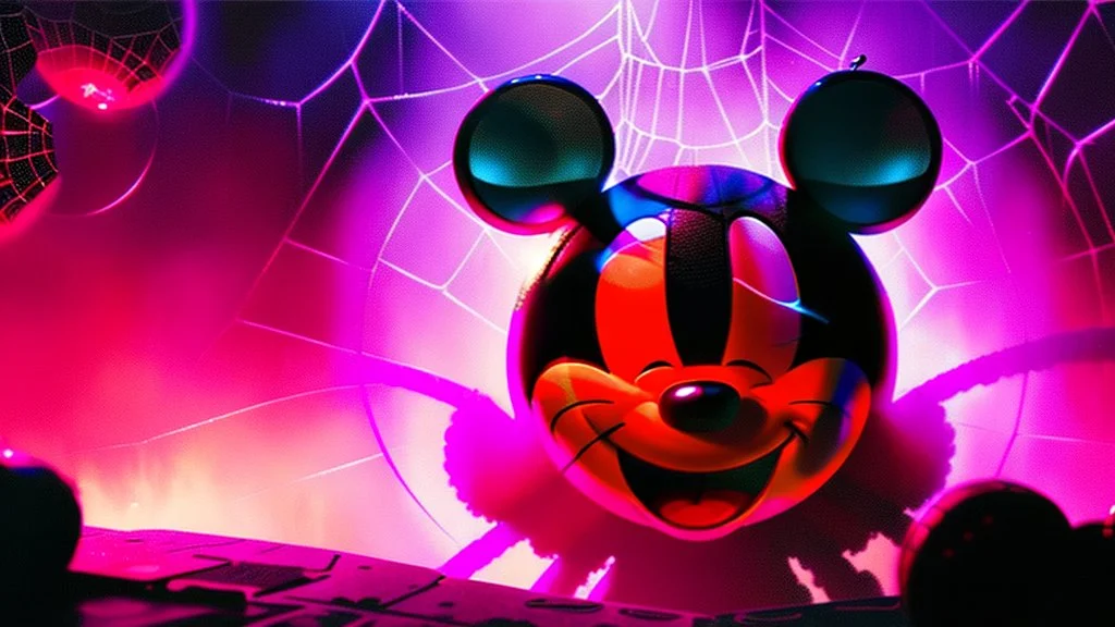 a spider mickey mouse hybrid, photorealism, movie screen capture, horror, sci-fi, retrofuturism, evil, demon-like