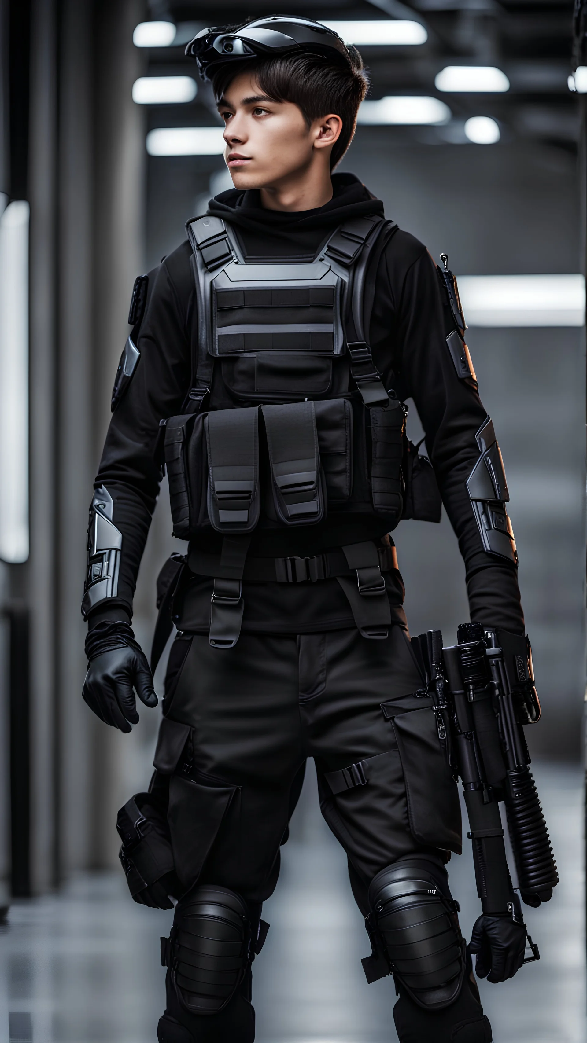 teenager male dressed with futuristic black tactical gear