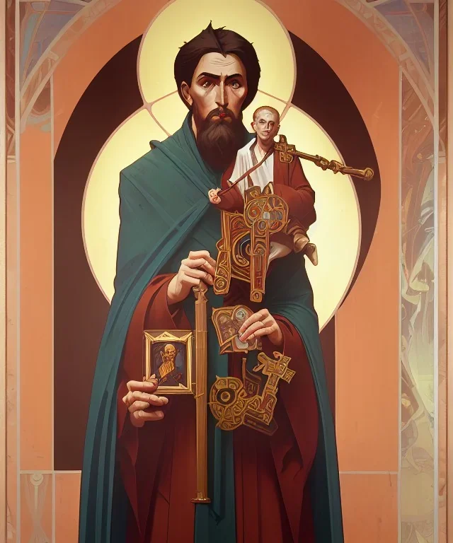 orthodox old icon with saint, patron of photographers. he is holding a camera in one hand and 35mm film in the other. Cyrillic inscriptions are the names of photographic brands. hyperdetailed, Alphonse Mucha, Zdzisław Beksiński, poster, illustration, ink, oil on canvas, 18th century atlas