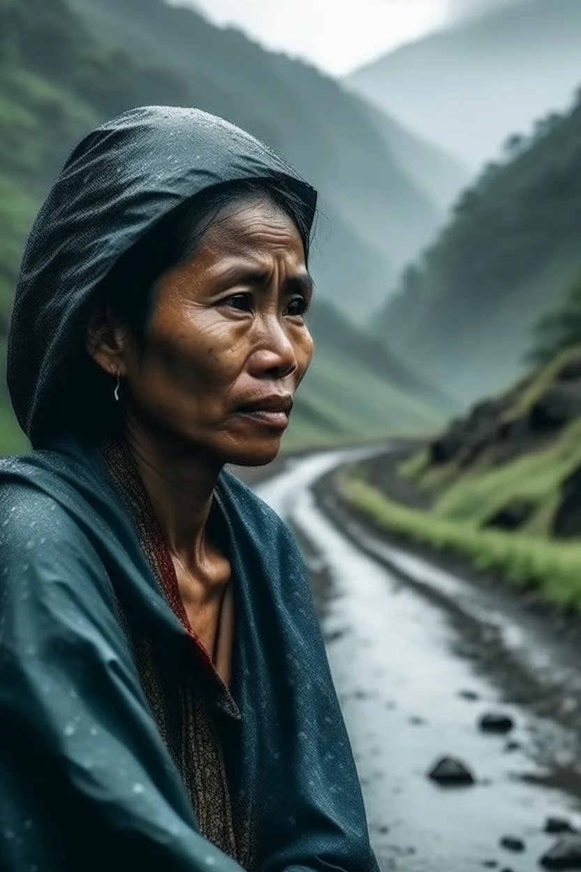 Gambar wanita Indonesia sedang hujan dijalan pegunungan