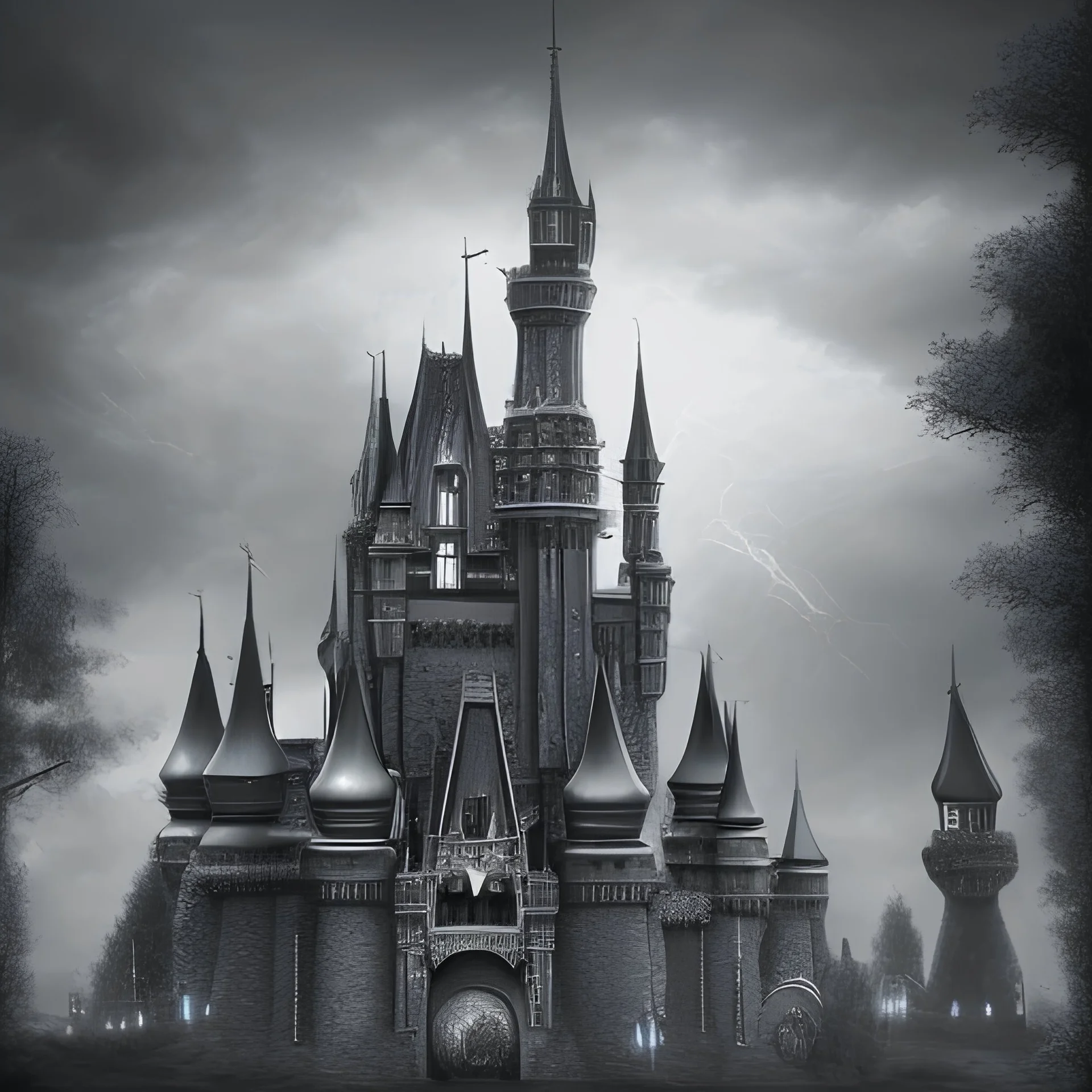 black menacing castle The shape of a terrifying person with a background of fog in the dark at night