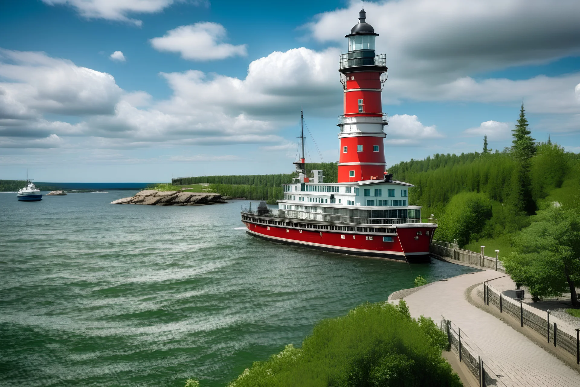 a lighthouse in tobermory ontario with a steamship in the harbour