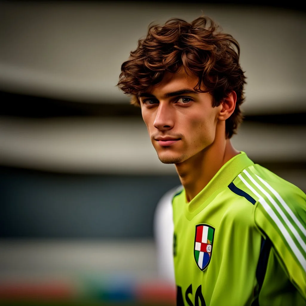 85mm DSLR color photography of a very detailed headshot fitting all of head and hair in frame. 18-year-old Italian soccer player, with brown hair color and no facial hair and has very short hair and with a small smile, grey background make him look like he has Spanish origins