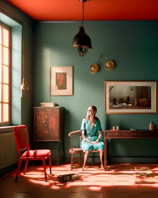 Room scene with sit woman, Wes Anderson style, realistic photo, concept art, smooth, unreal engine 5, god lights, ray tracing, RTX, lumen lighting, ultra detail, volumetric lighting, 3d.