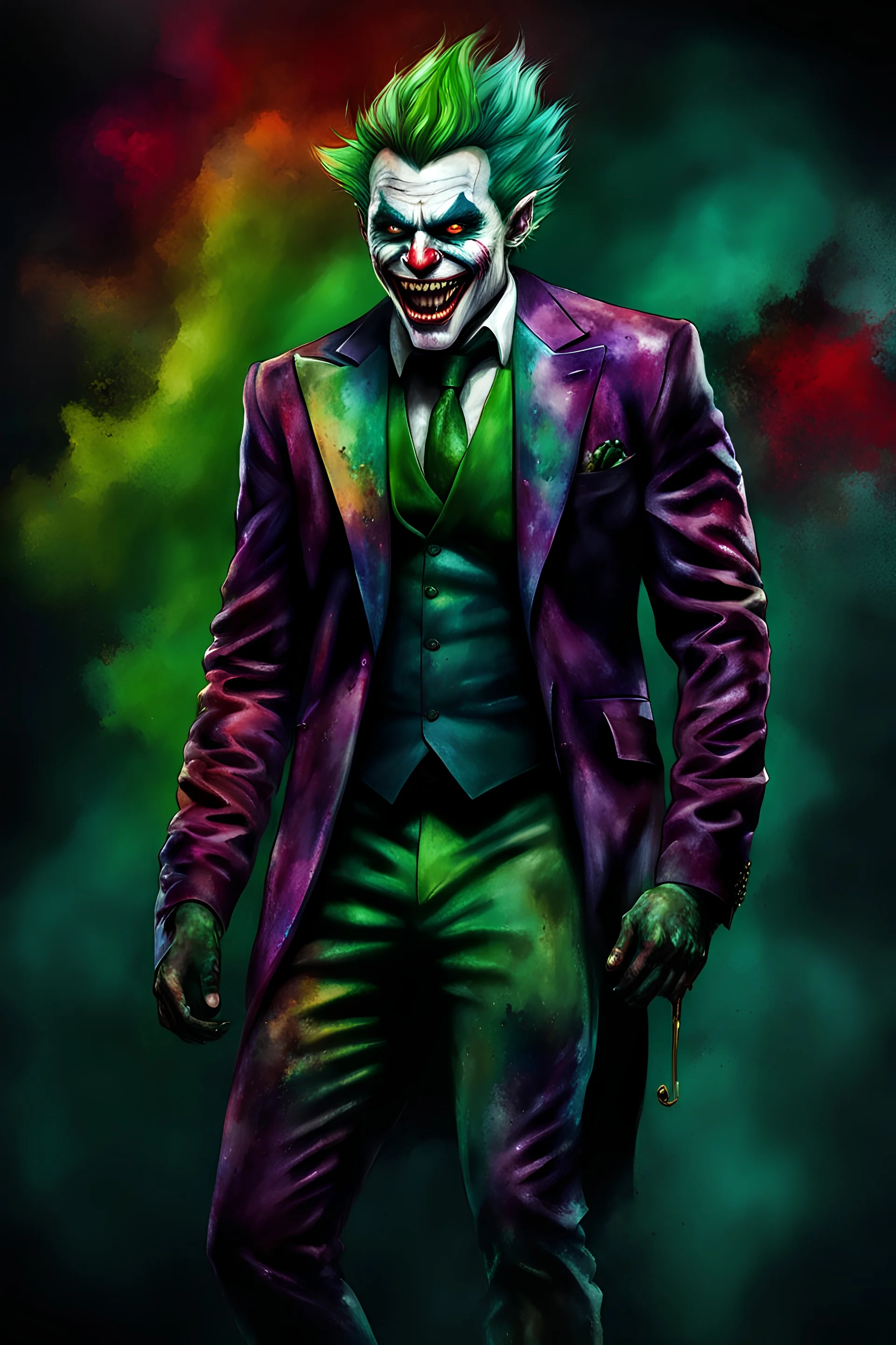 a multicolored, watercolor stained, wall in the background, inspired by all the works of art in the world - laughing - Billy Miller, an extremely muscular vampire werewolf zombie Joker with an emerald mohawk, full body image, wearing a skinsuit, Absolute Reality, Reality engine, Realistic stock photo 1080p, 32k UHD, Hyper realistic, photorealistic, well-shaped, perfect figure,