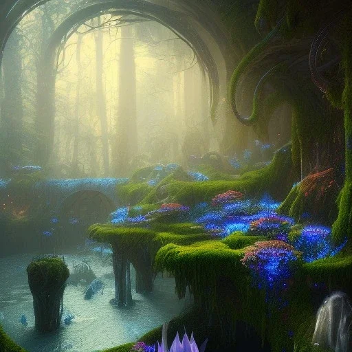 fantasy concept art, dynamic lighting, Intricately detailed, Splash screen art, deep color, Unreal Engine, volumetric lighting, blue flowers, Fantasy library artwork, moss, leather, library artwork, water,