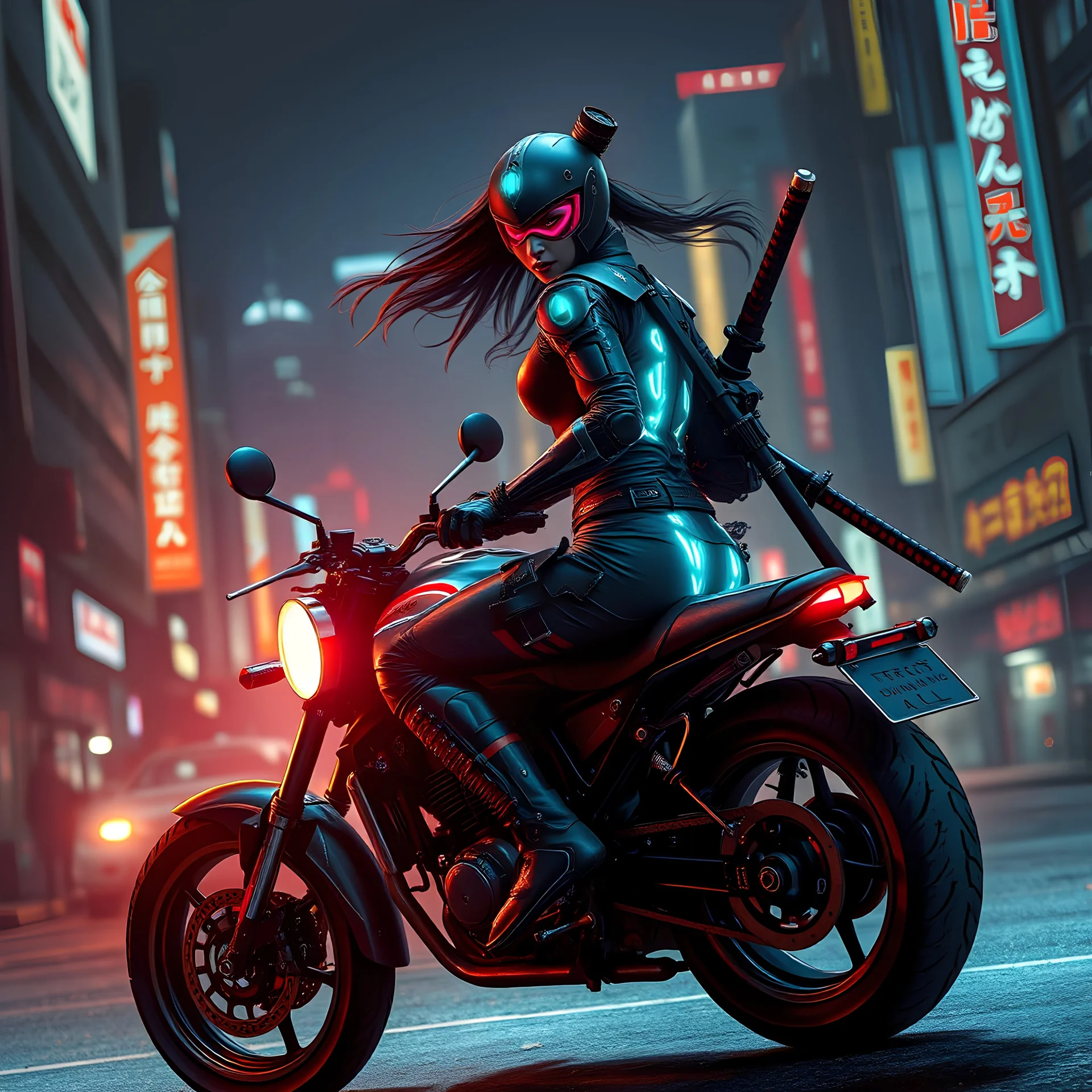 In a post-apocalyptic city at night, neon Asian cyborg ninja female warrior with hair flowing free, not wearing a helmet, katanas strapped to her back riding a road warrior style chopper