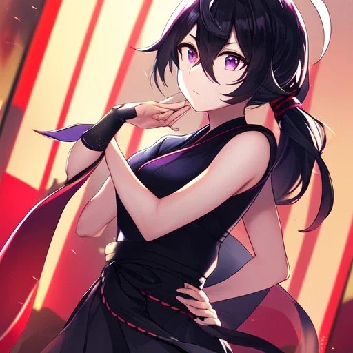 Clear focus, High resolution, Black hair, low small ponytail, purple dead eyes, japanese outfit, serious expression, one arm on hip, other hand free, purple red white and black outfit, skirt, slit in skirt, ahoge, (solo), hair between eyes