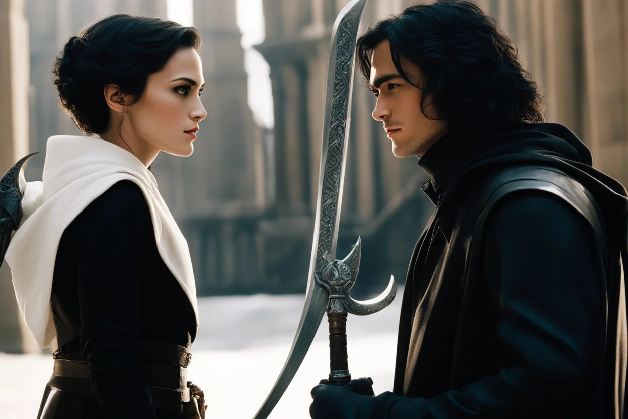 two angels face to face: a dark pale brunette with a scythe in front of a blonde man with a mace (photo from a movie by Quentin Tarantino) Dahlia faces Azrael, she is a spectre: she has the apparence of a young very white woman with dark short hair, a hoodie and a scythe, she lives in the city of Manhattan. She collects souls for Saint Peter and then joins her sister Famine to help them. She stands on the side of the street. Today she confronts Azrael, the terrible angel