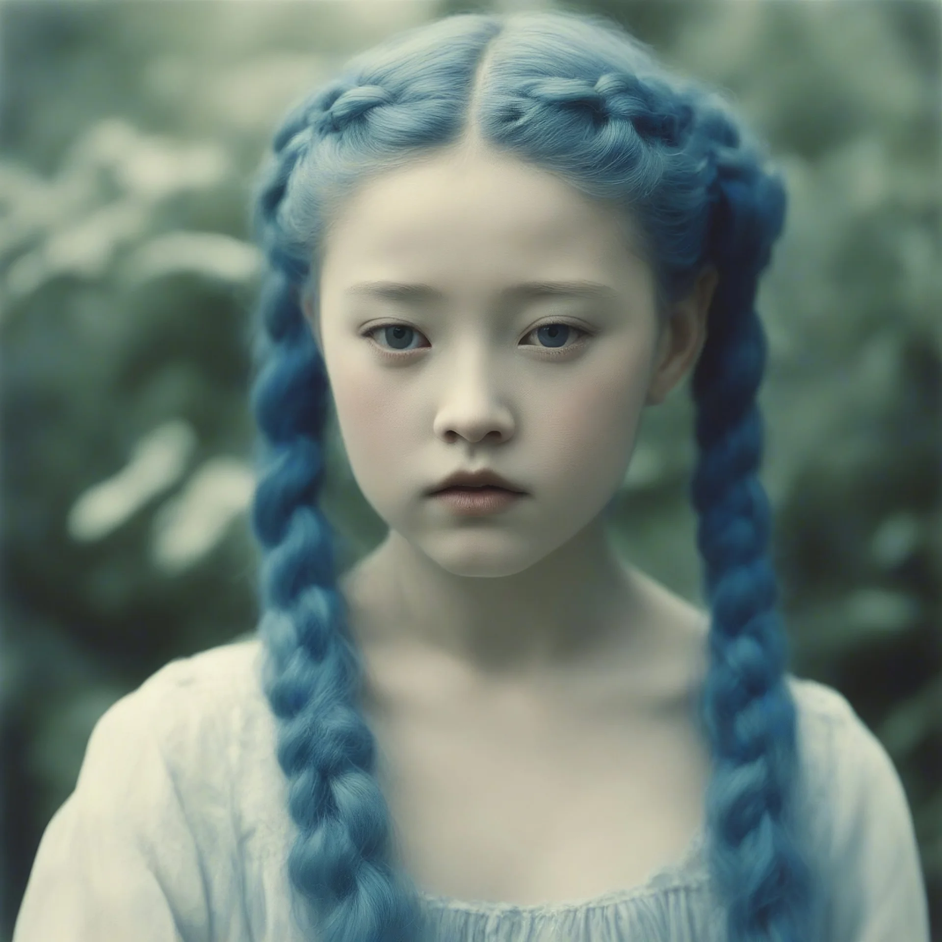 Old autochrome of devon aoki with blue cheeks, strange blue braids. in a gardent, in 1830