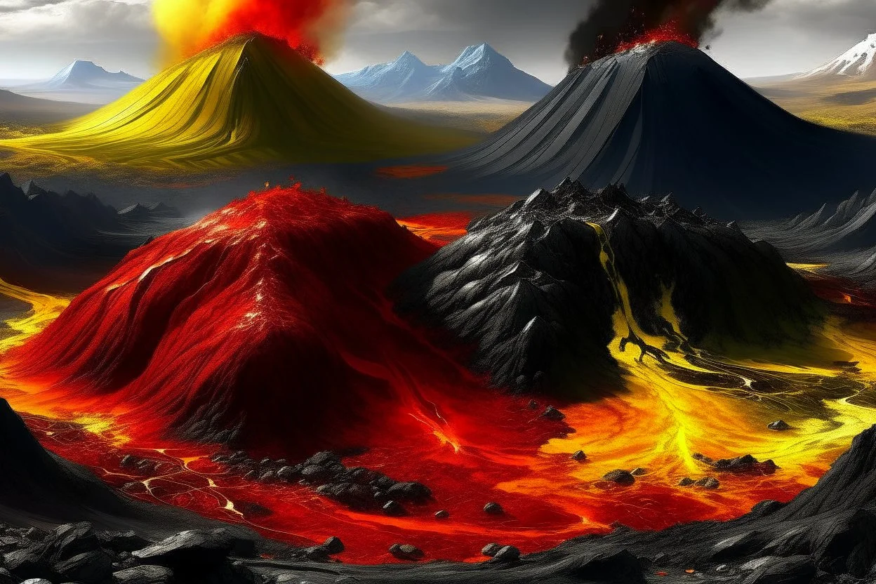 acidic soil with lava and mountains , red white yellow black colors , magic the gathering style, hyper realistic style