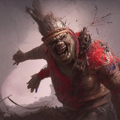 Insanely detailed photograph of an “portrait of a towering Giant Downsyndrome D&D barbarian wearing a red loincloth laughing”, smiling clear face and hyperdetailed painting by Ismail Inceoglu Huang Guangjian and Dan Witz CGSociety ZBrush Central fantasy art album cover art,8K, hdr, epic, mysterious, ominous, hands focused on a glowing D20, jewelry, motivated